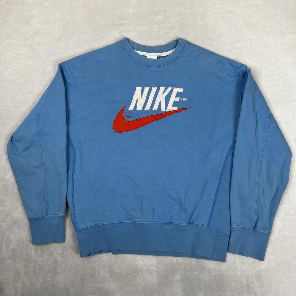 Nike Sweatshirt Mens Medium Blue Embroidered Big Swoosh Logo Pullover Retro